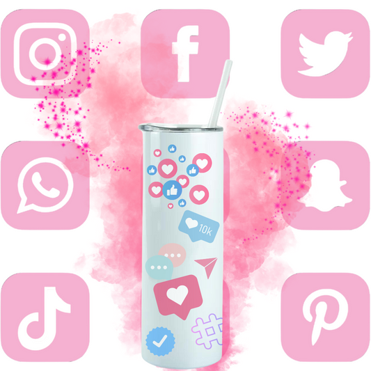 a tumbler with a straw and social media icons