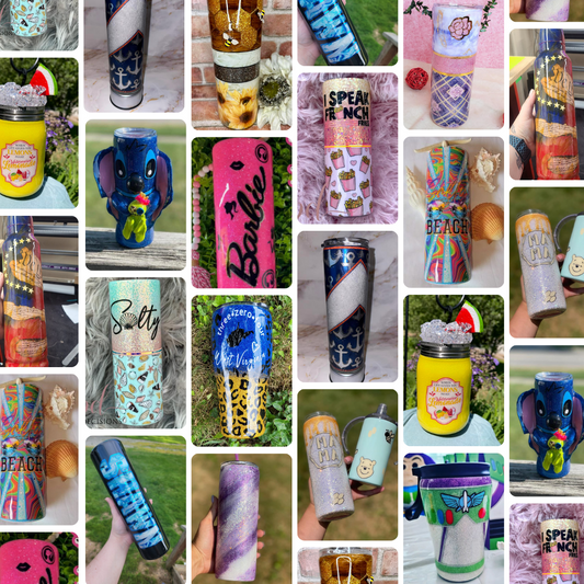 various epoxy tumblers with glitter designs