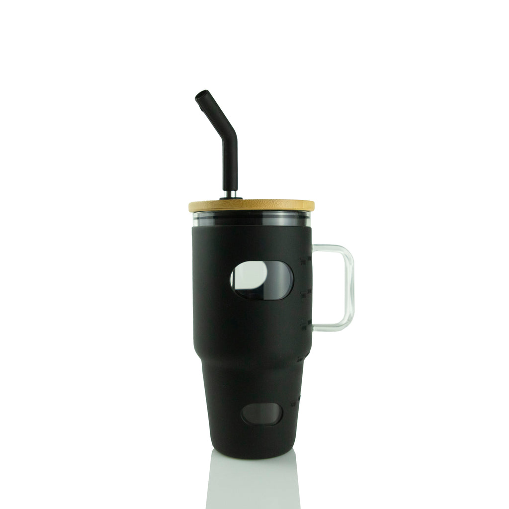 32 oz Glass Mug Tumbler W/Bamboo lid, Stainless Steel Straw