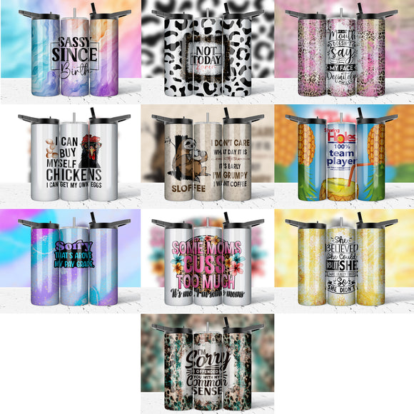 ASSORTED READY TO PRESS SUBLIMATION PRINTS FOR 20oz STRAIGHT SKINNY TUMBLERS (10 PACK) - SARCASM 2