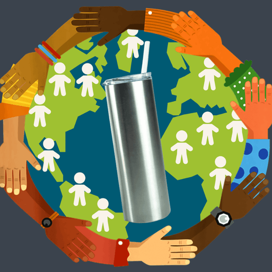 a silver cup with straw surrounded by hands around it