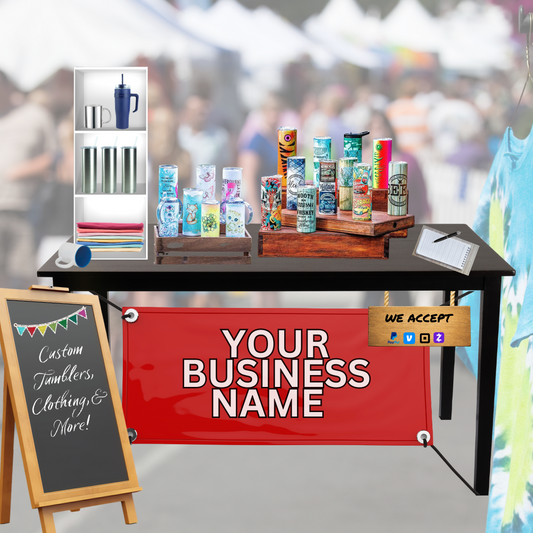 Colorful cups and tumblers on display at a vendor event trade show booth