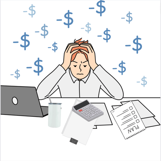 an illustration of a person sitting at a desk with his hands on his head