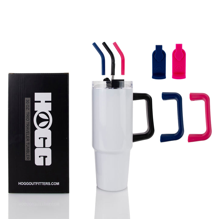 White 30oz sublimatable traveler with included extra handle and straw options on a white background. 