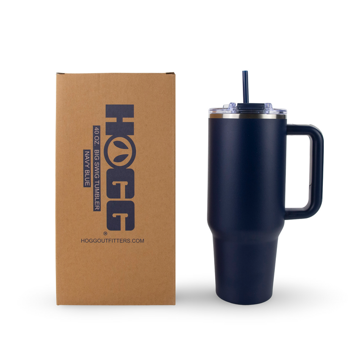 Navy blue big swig tumbler with handle and straw next to a brown box with 'HOGG' branding on a white background.