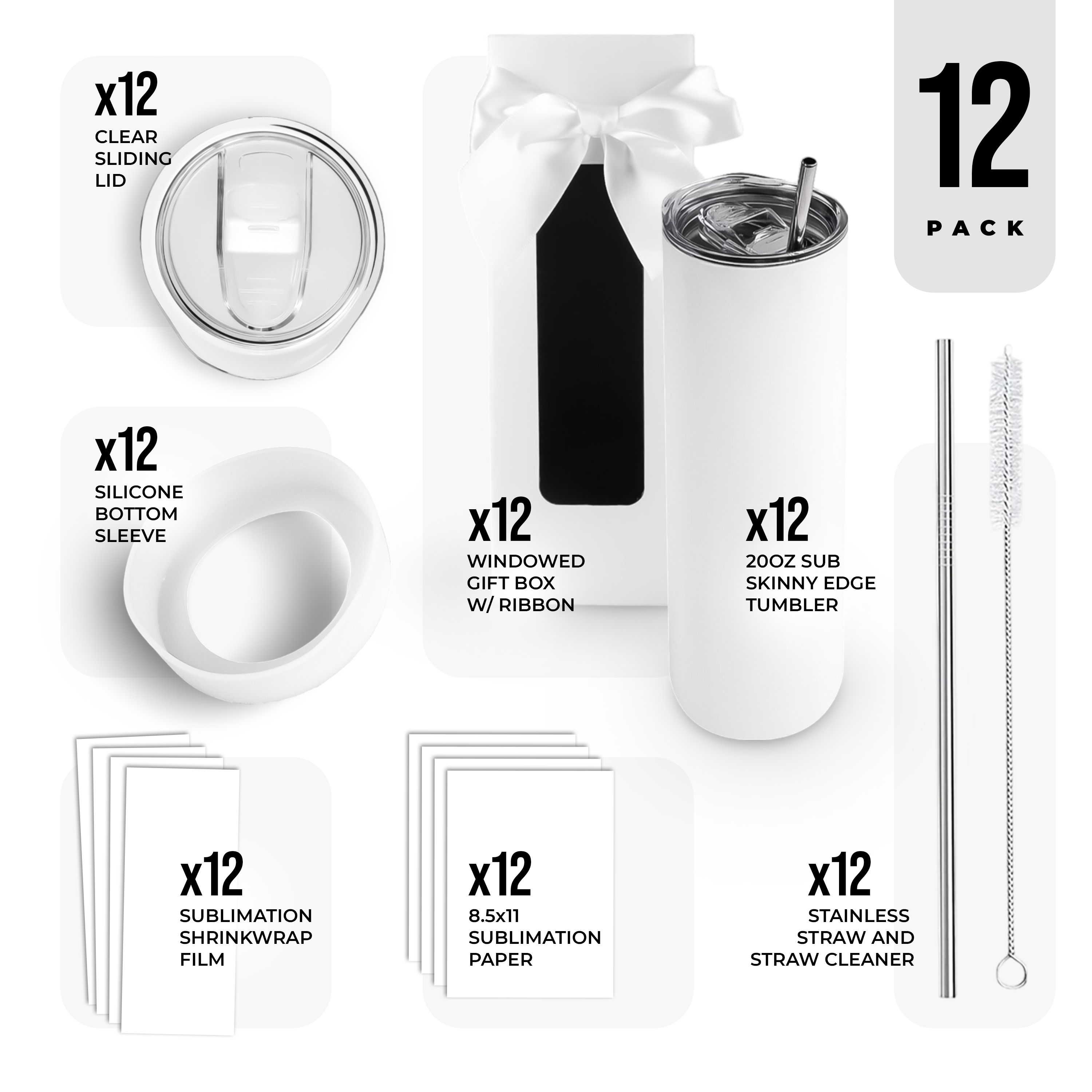 20oz SUBLIMATABLE SKINNY EDGE TUMBLER GIFT SET - 12 PACK