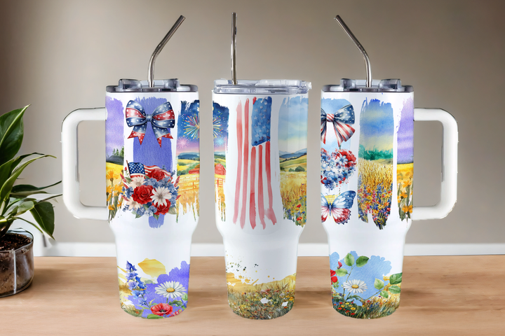Digital Sublimation Designs - Fourth of July Tumbler Wraps — 40oz Big Swig — Watercolor Amber Fields