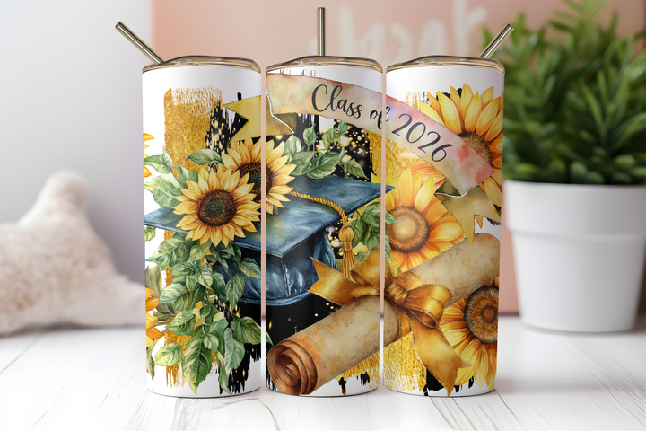 Digital Sublimation Designs - Graduation 2026 Tumbler Wraps — 20oz Skinny — Sunflower Class of 2026