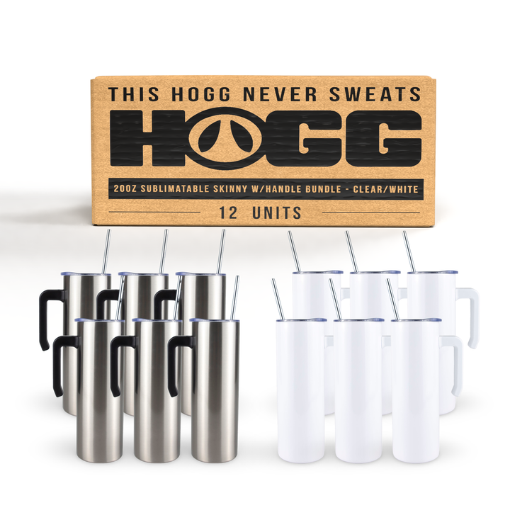 20oz Sublimation Blank Skinny W/ Handle Bundle - Clear/White (12 Units) | Wholesale Bundle