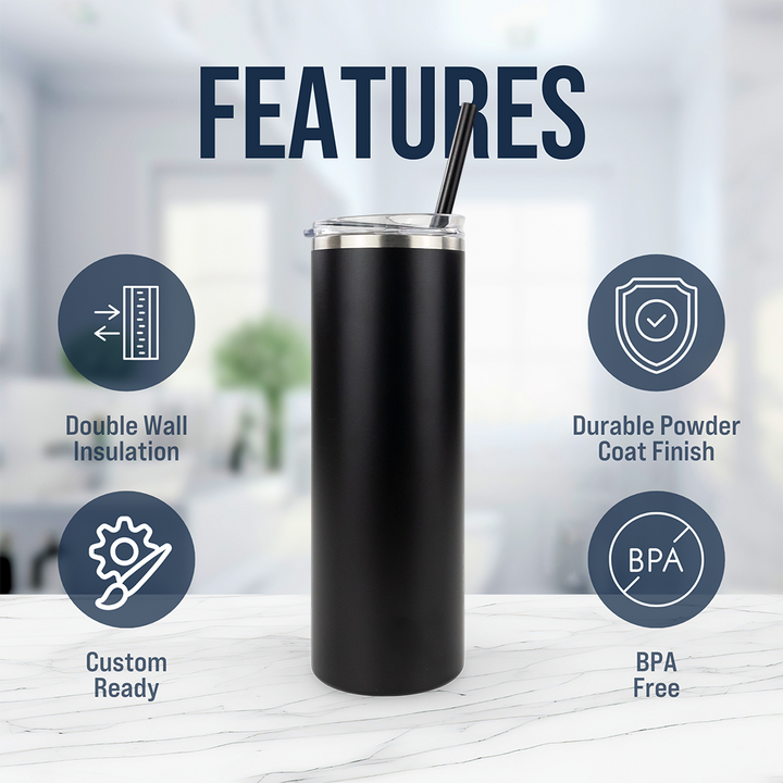 20oz Powder Coated Skinny Tumbler — Black
