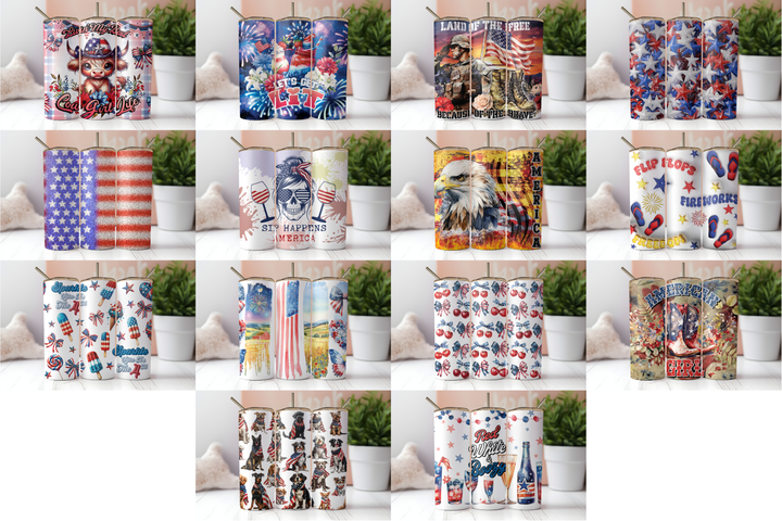 Digital Sublimation Designs - Fourth of July Tumbler Wraps — 20oz Skinny — Bundle and Save (All 14 Designs)