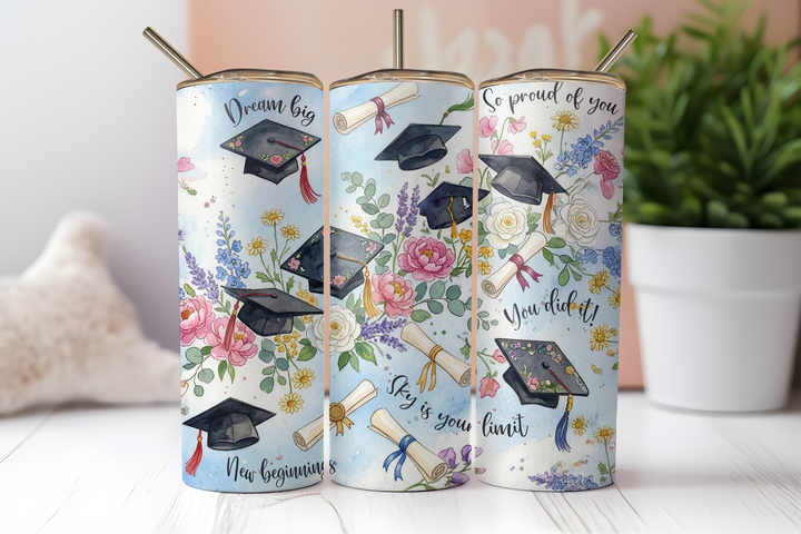 Digital Sublimation Designs - Graduation 2026 Tumbler Wraps — 20oz Skinny — Watercolor Floral Grad