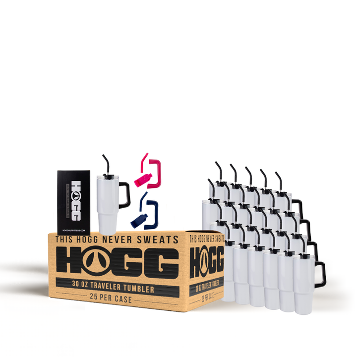 Case of HOGG 30 oz traveler tumblers with packaging on a white background