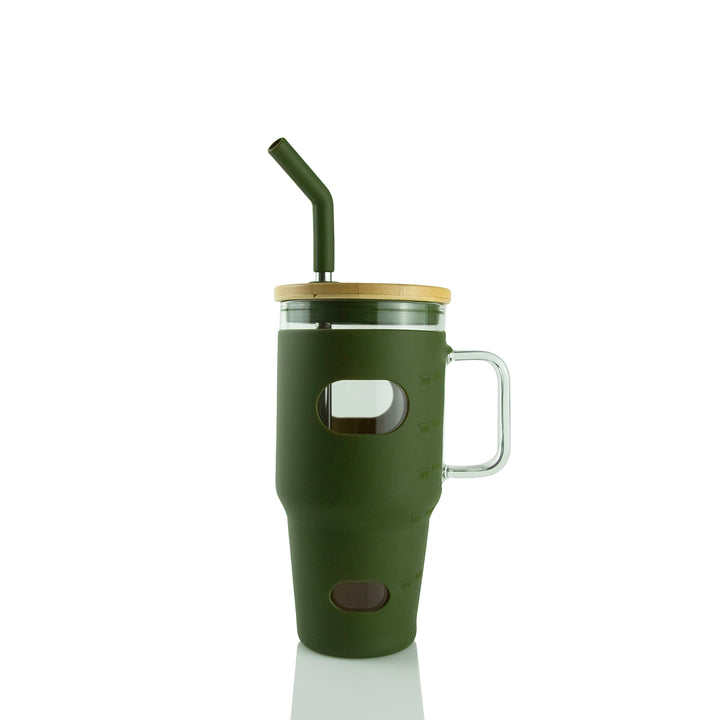32oz Glass Mug W/ Handle & Sleeve — Olive