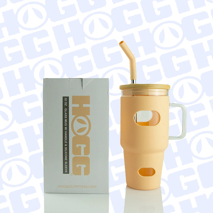 32oz Glass Mug W/ Handle & Sleeve Case - Tan (20 Units)