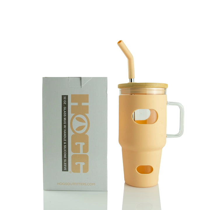 32oz Glass Mug W/ Handle & Sleeve Case - Tan (20 Units)