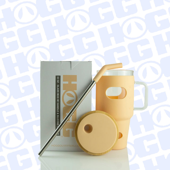 32oz Glass Mug W/ Handle & Sleeve Case - Tan (20 Units)