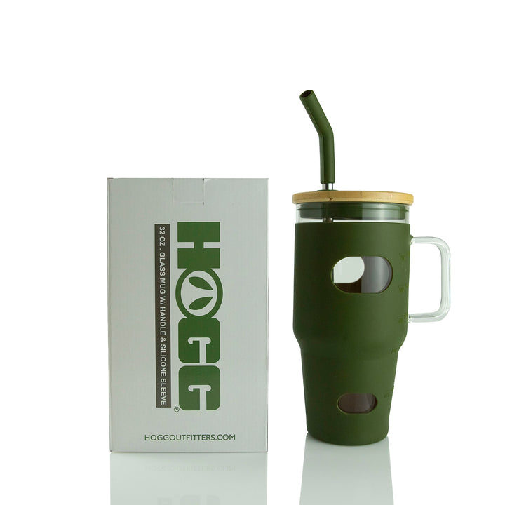 32oz Glass Mug W/ Handle & Sleeve Case - Olive (20 Units)
