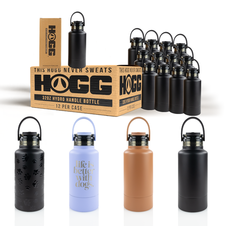 A collection of Hydro Hound tumblers in various colors including black, lavender and tan, with a box of the tumblers in a packaging that has 'HOGG' written on it.