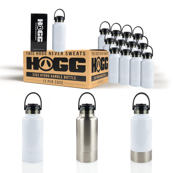 A case of 12 white 32oz sublimatable Hydro Hound tumblers with various components displayed, including the tumbler body, lids, carry handles, and storage compartment compartments.