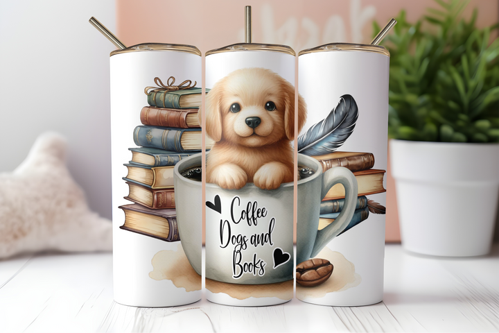 Digital Sublimation Designs - Puppy Pals Tumbler Wraps — 20oz Skinny — Coffee Dogs and Books
