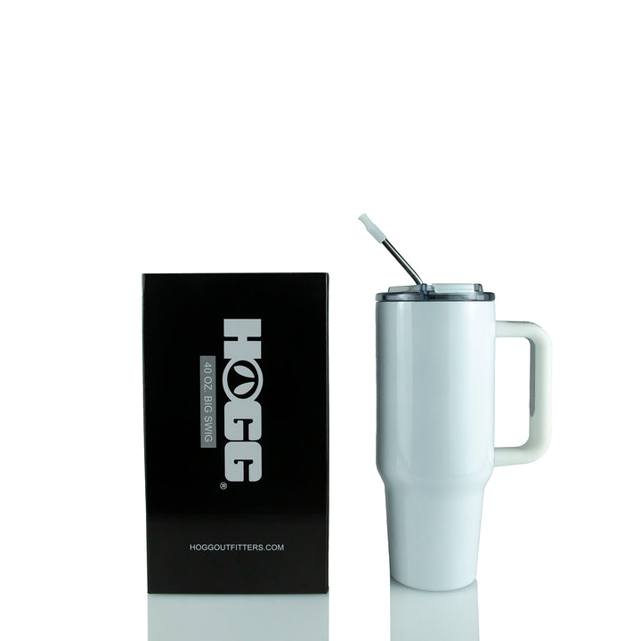 A white 40oz sublimatable big swig tumbler with a stainless steel straw and a clear screw on lid, displayed next to its black packaging box.