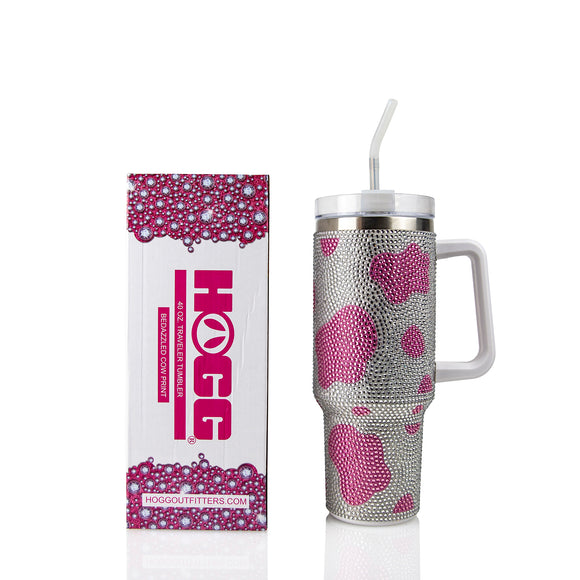 ***CLOSEOUT*** 40oz TRAVELER TUMBLER - BEDAZZLED SILVER & PINK COW - CASE OPTIONS