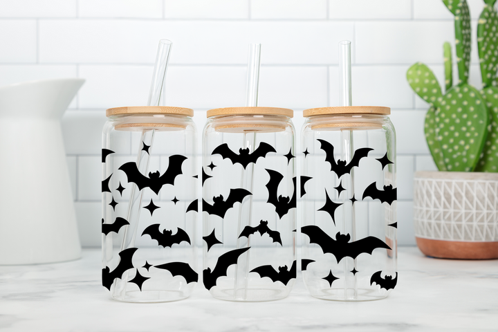 Digital Sublimation Designs - Spooky Glass Can Wraps — 16oz Glass Can — Sparkly Bats