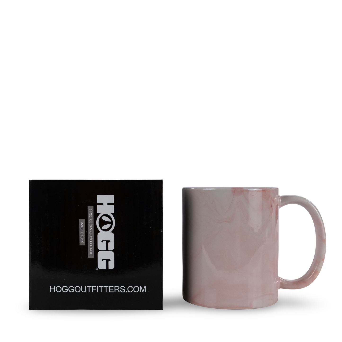 Marble-patterned mug next to a black box with 'HOGG' branding on a white background