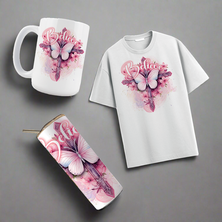 Multi Product Use - Digital Sublimation Designs - Breast Cancer Awareness — Floral Butterfly Cross
