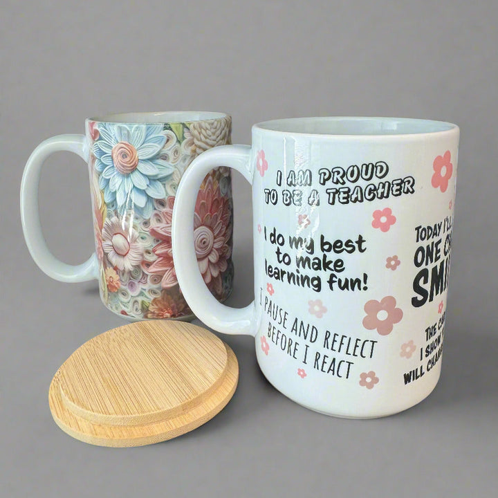 Sublimatable Bamboo Lid for 15oz Ceramic Mug - lifestyle view | replacement tumbler lid