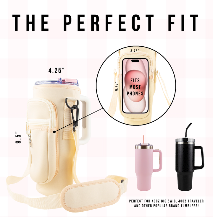 40oz Portable Tumbler Sleeve Bag w/ Strap & Hook - front view | tumbler handle accessory
