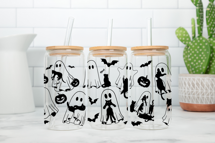 Digital Sublimation Designs - Spooky Glass Can Wraps — 16oz Glass Can — Cats and Boos