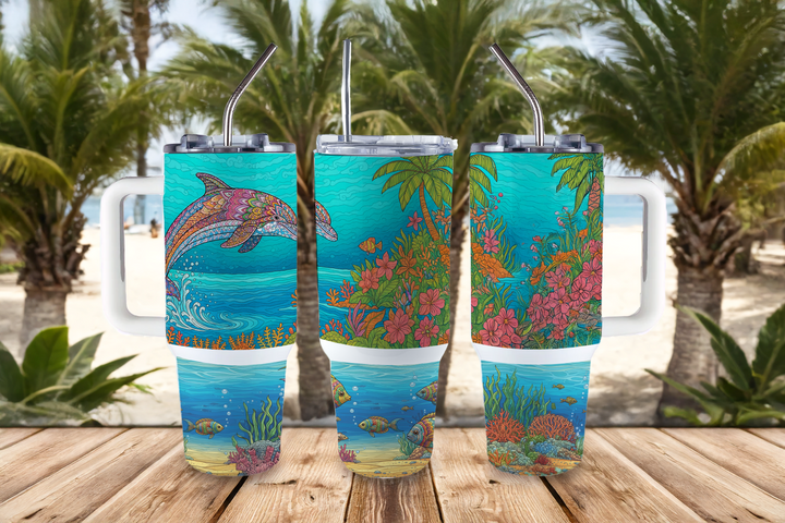 Digital Sublimation Designs - Summer Tumbler Wraps — 40oz Big Swig — Zentangle Dolphin