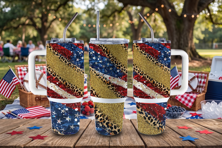 Digital Sublimation Designs - America 250 Tumbler Wraps — 40oz Big Swig — Patriotic Glitter Leopard