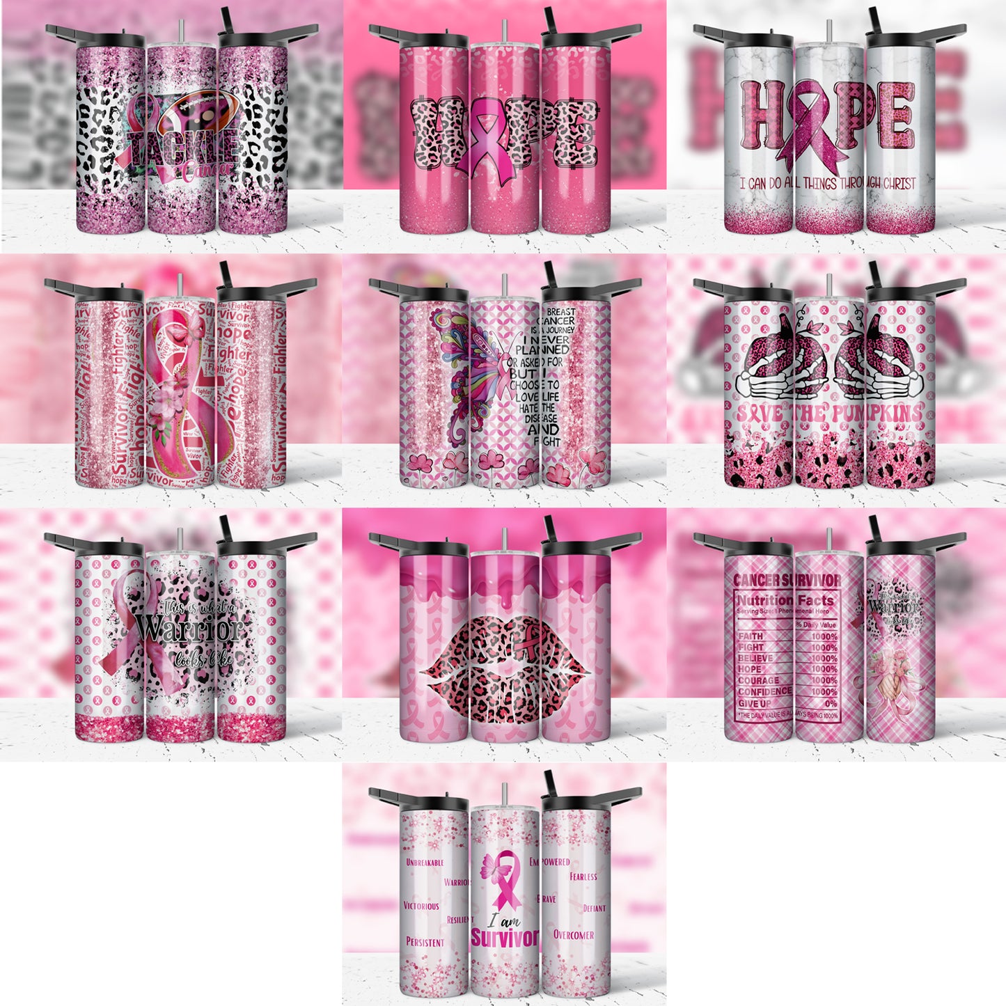 ASSORTED READY TO PRESS SUBLIMATION PRINTS FOR 20oz STRAIGHT SKINNY TUMBLERS (10 PACK) - BREAST CANCER AWARENESS