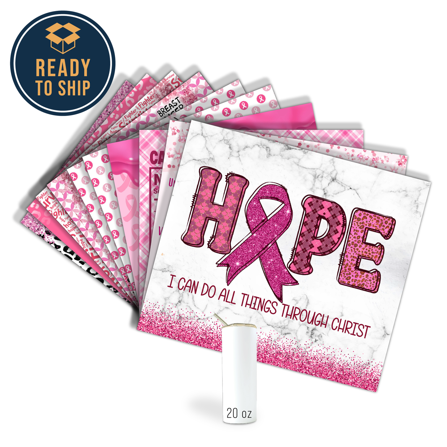 ASSORTIMENT D'IMPRESSIONS PAR SUBLIMATION PRÊTES À ÊTRE IMPRIMÉES POUR GOBELETS DROITS ET MINCES DE 20 oz (LOT DE 10) - SENSIBILISATION AU CANCER DU SEIN