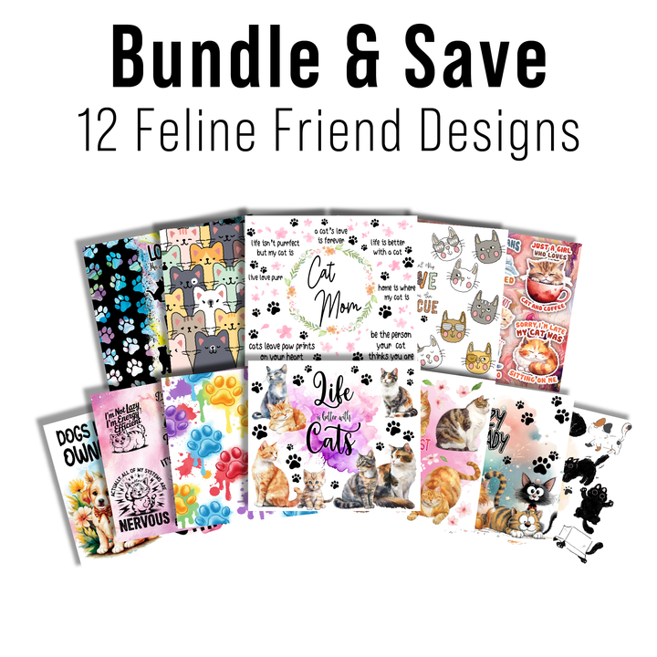 Digital Sublimation Designs - Feline Friends Tumbler Wraps — 20oz Skinny — Bundle and Save (All 12 Designs)