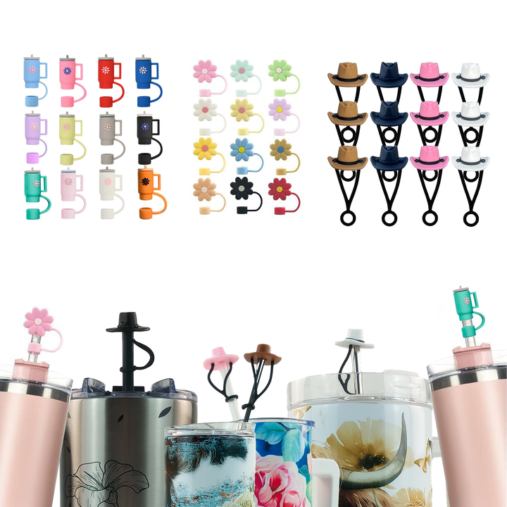 Silicone Straw Topper - 12 Pack - drinkware straw accessory for tumbler businesses and personalized drinkware