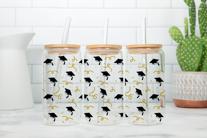 Digital Sublimation Designs - Graduation Glass Can Wrap — 12oz Glass Can — Caps and Confetti