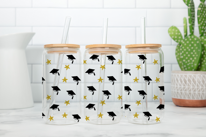 Digital Sublimation Designs - Graduation Glass Can Wrap — 12oz Glass Can — Caps and Stars