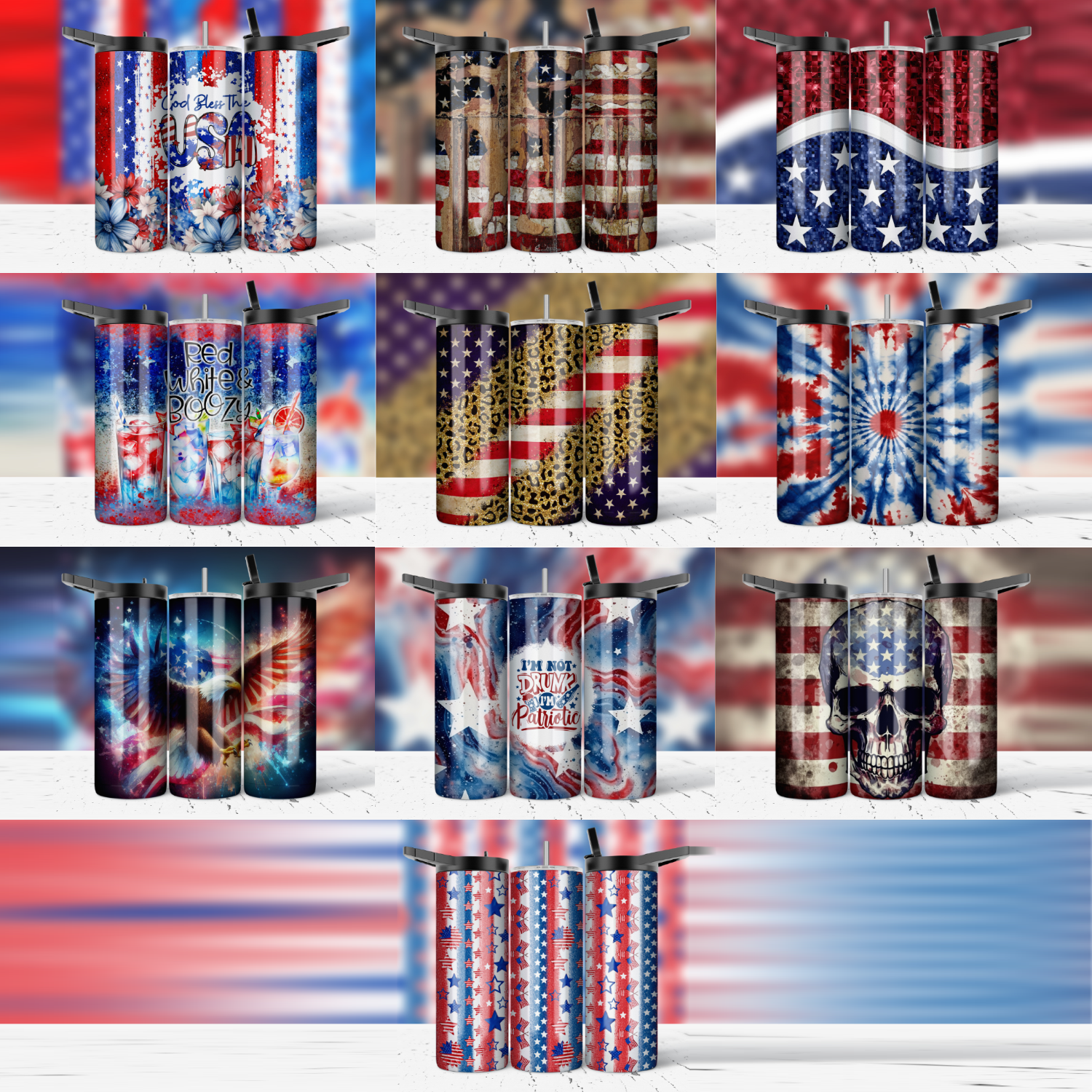ASSORTED READY TO PRESS SUBLIMATION PRINTS FOR 20oz STRAIGHT SKINNY TUMBLERS (10 PACK) - PATRIOTIC