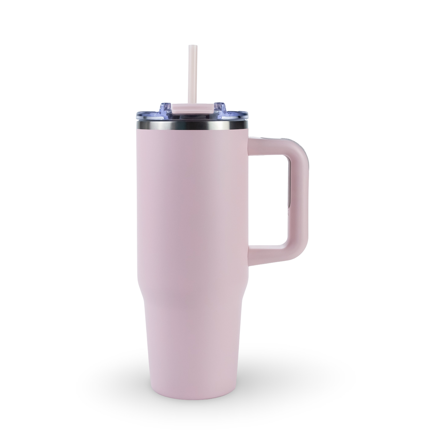 Pink insulated mug with handle and straw on a white background