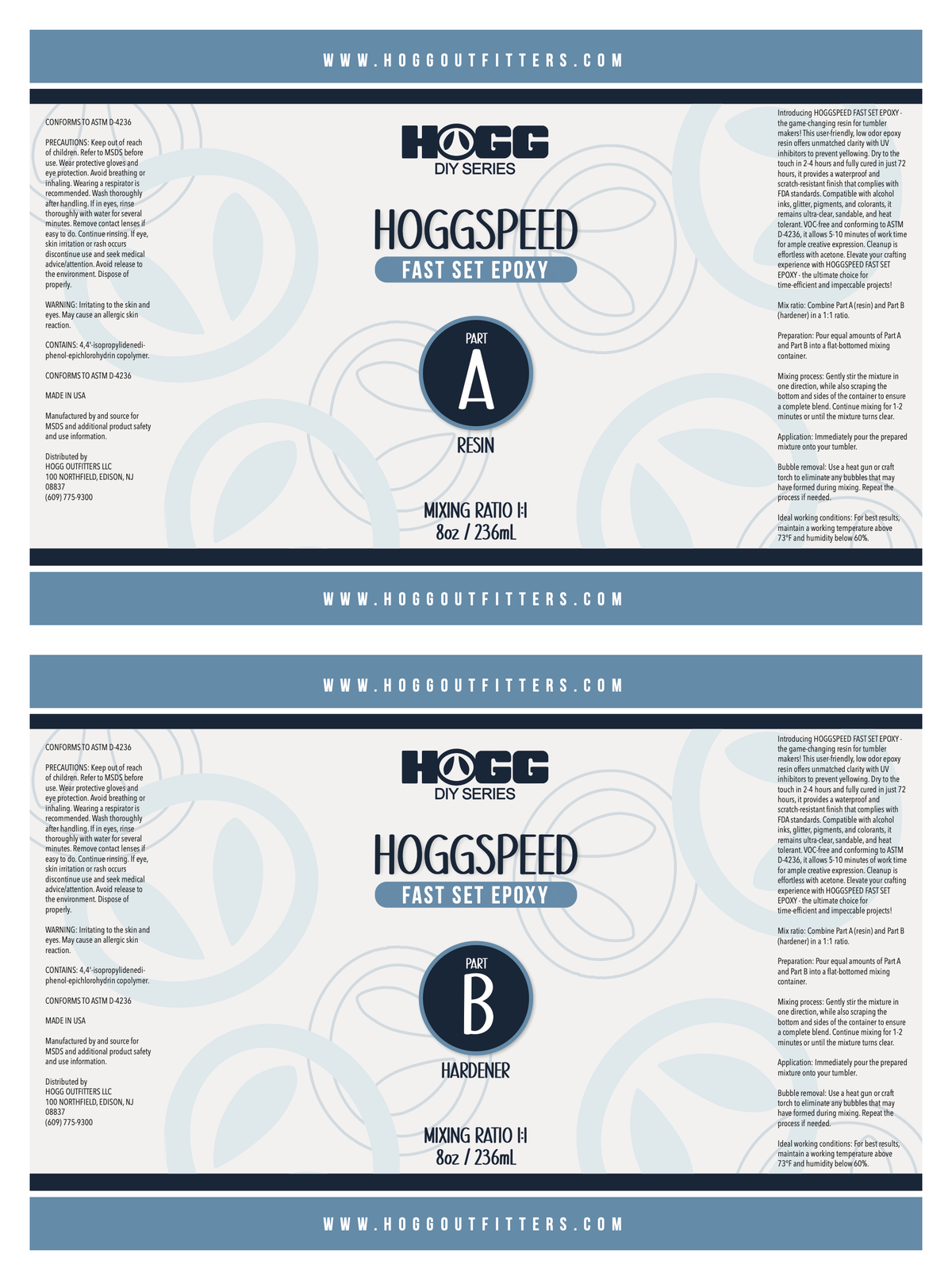 Hogg Speed Quick Dry Epoxy Kits — 16oz Kit — Part A resin and Part B hardener labels