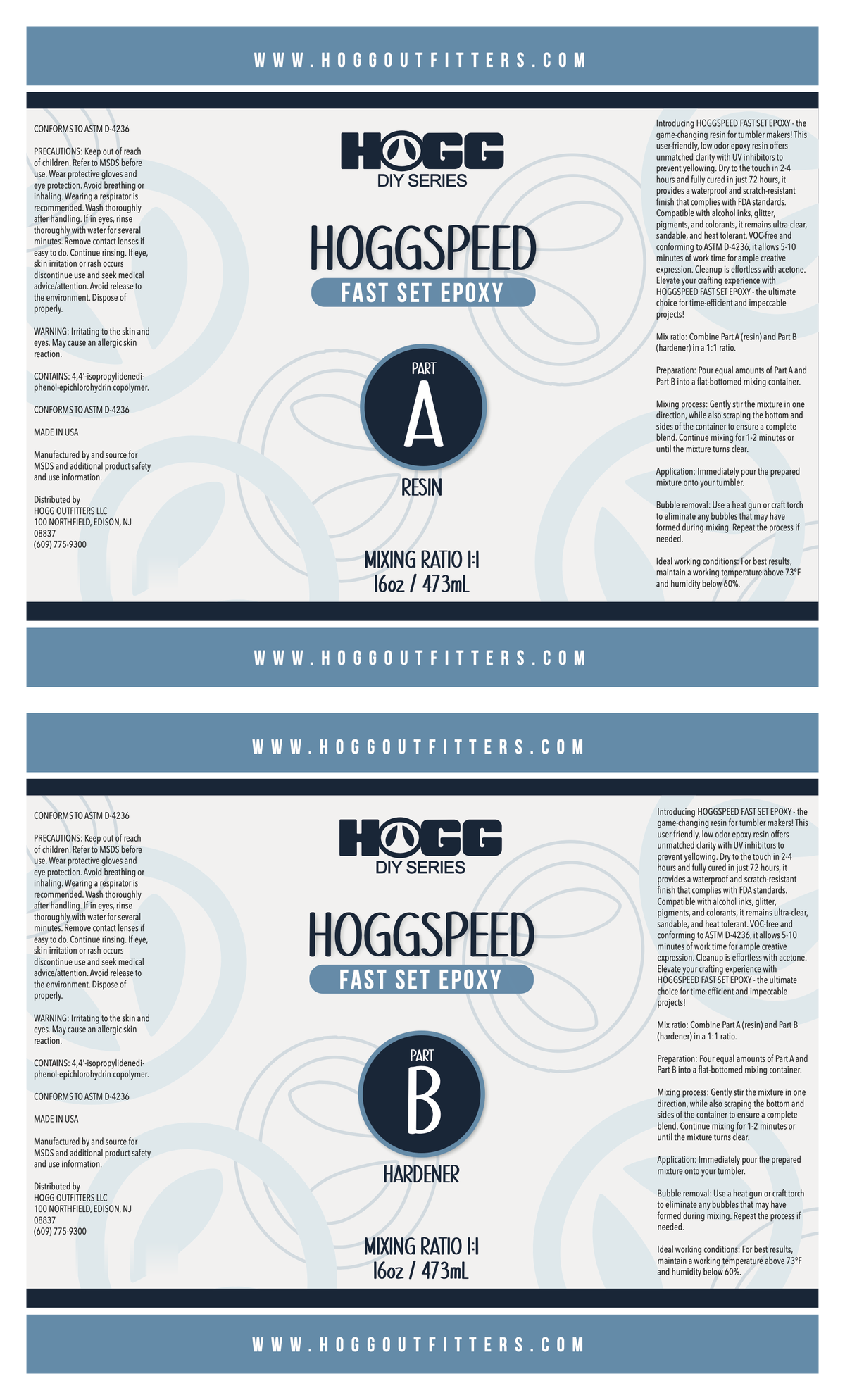 Hogg Speed Quick Dry Epoxy Kits — 32oz Kit — Part A resin and Part B hardener labels