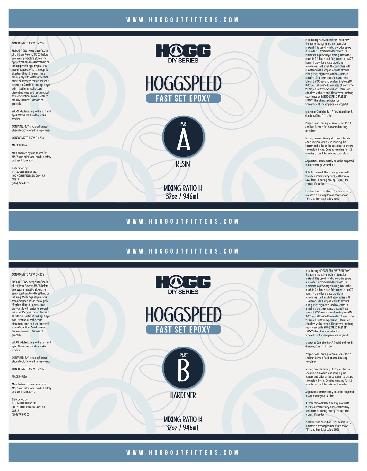Hogg Speed Quick Dry Epoxy Kits — 64oz Kit — Part A resin and Part B hardener labels