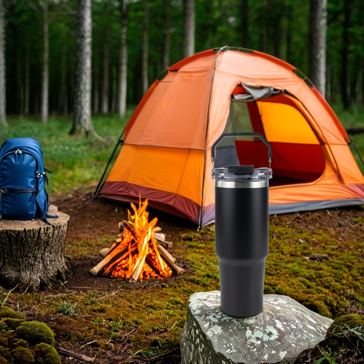 30oz Powder Coated Tri-Sip Tumbler – Black