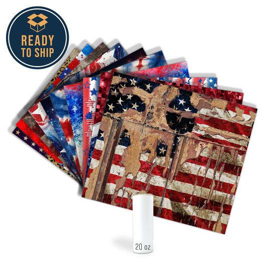ASSORTED READY TO PRESS SUBLIMATION PRINTS FOR 20oz STRAIGHT SKINNY TUMBLERS (10 PACK) - PATRIOTIC