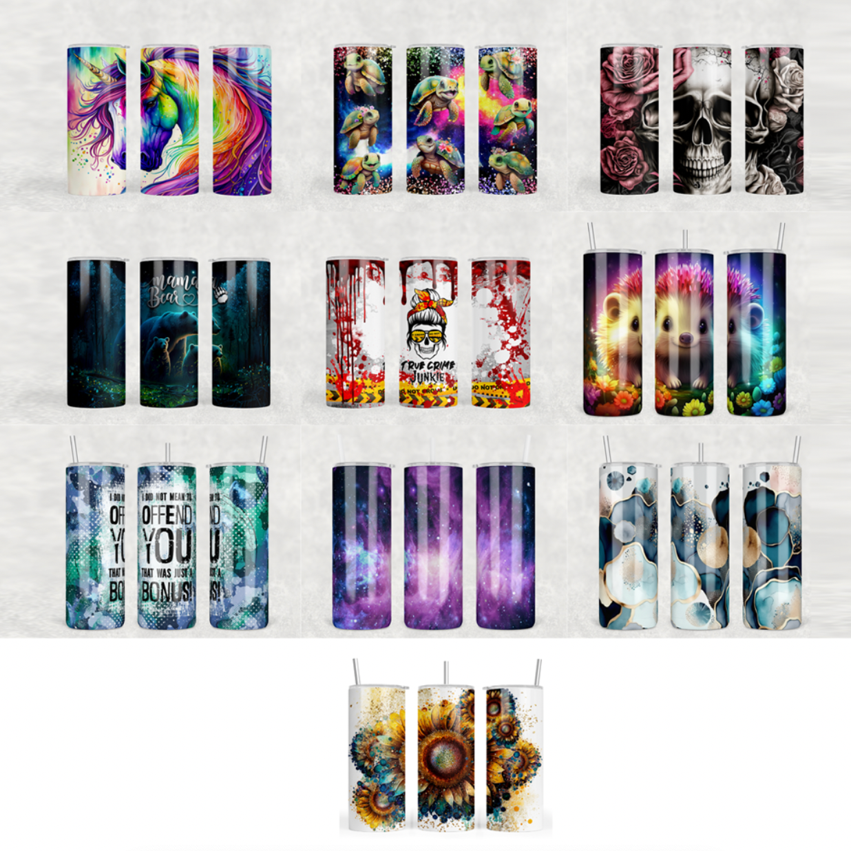 ASSORTED READY TO PRESS SUBLIMATION PRINTS FOR 20oz STRAIGHT SKINNY TUMBLERS (10 PACK)