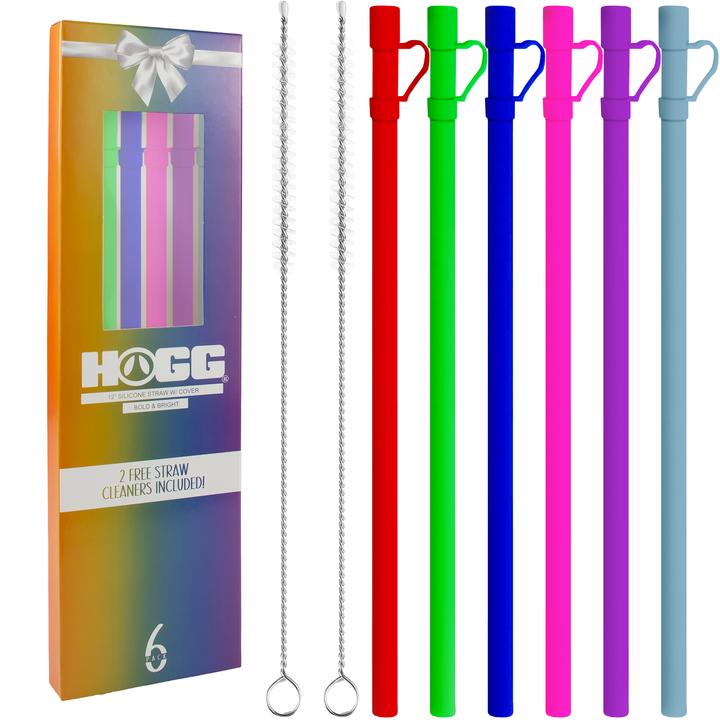12" Silicone Straw w/ Cover & 2 Cleaners (6 Pack) - front view | drinkware straw accessory